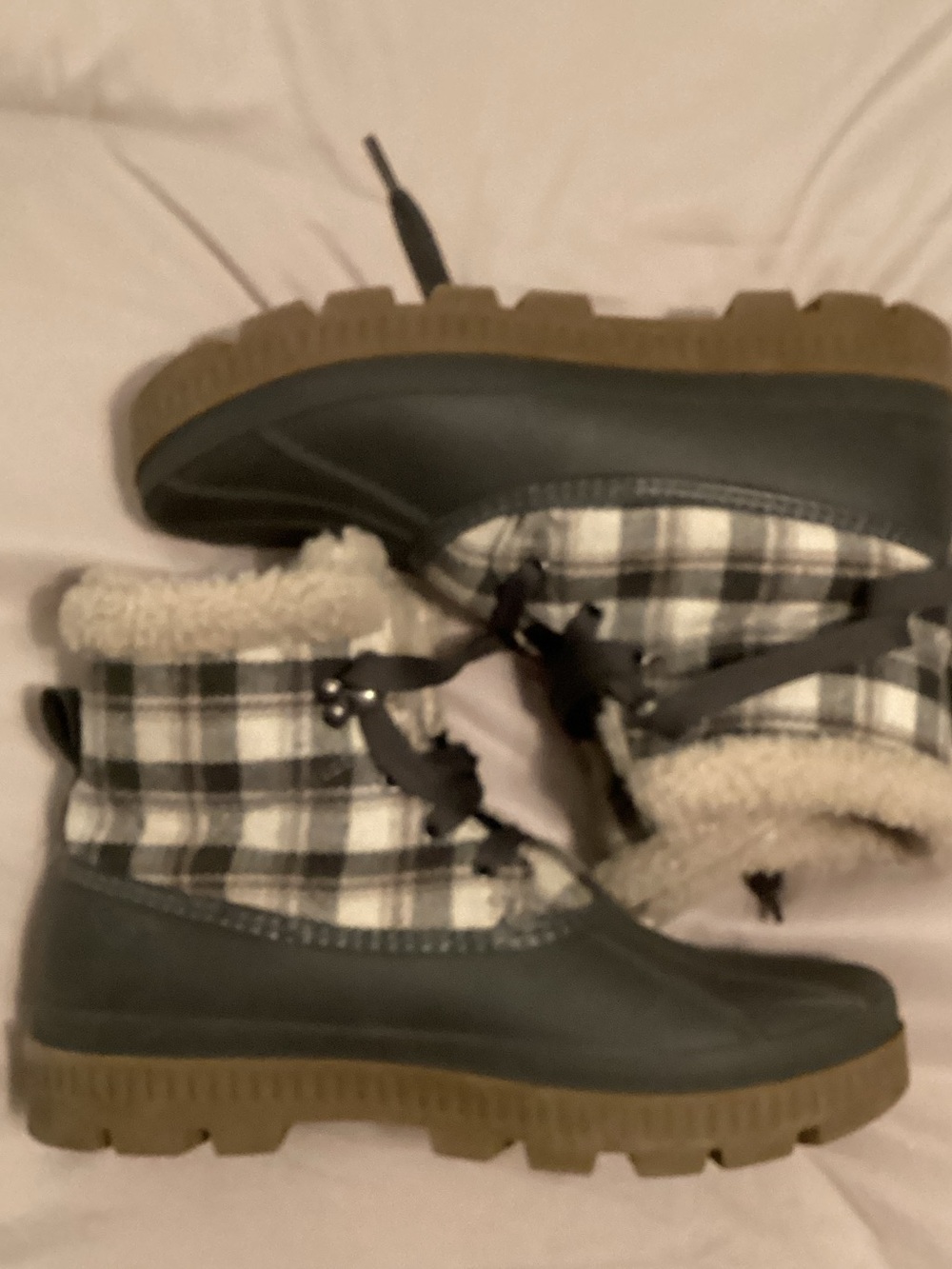 Time and Tru Black and Brown Plaid Winter Rain Boots
